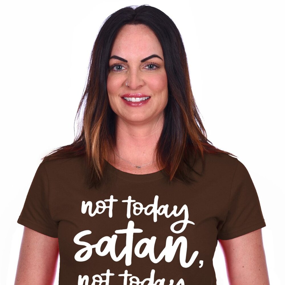 JH Design Women's Religious Christian Not Today Satan Brown T-shirt